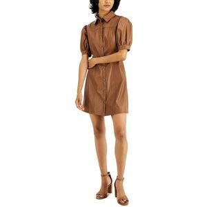 Kit & Sky Womens Juniors Faux Leather Puff Sleeves Shirtdress NEW NWT